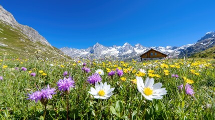 Obraz premium Colorful wildflowers bloom in a sunny alpine meadow with a rustic wooden cabin and snow-capped mountains under a clear blue sky.