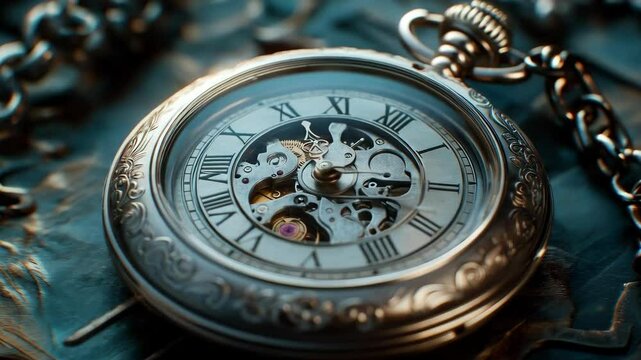 Intricate antique pocket watch with moving gears and rotating hands in closeup sequence