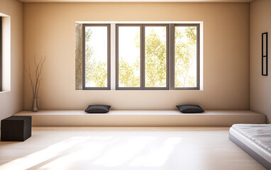 Fototapeta premium Modern minimalist interior design featuring natural light and cozy seating area
