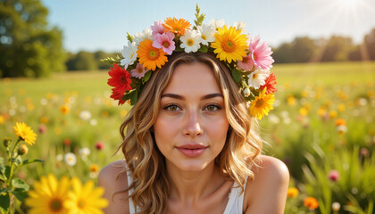Young woman smiling with flower crown in a blooming field