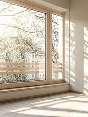 Fototapeta premium Natural light streams through a spacious window overlooking a blooming courtyard during spring
