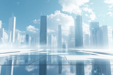 Fototapeta premium A sleek, modern city skyline with skyscrapers and futuristic architecture against the blue sky