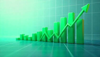 3D glowing green financial bar graph with rising arrow on mint background