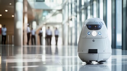 AI-driven robotic security patrol in a corporate campus, office complex with surveillance drones and security personnel, Innovative style