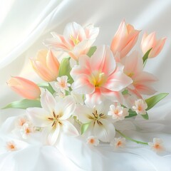 Obraz premium Beautiful arrangement of soft pink and white flowers set against a silky backdrop creating a tranquil atmosphere