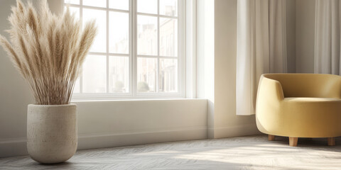 Cozy interior featuring a yellow chair and decorative pampas grass in a sunny room