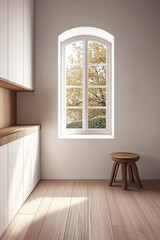 Fototapeta premium Modern interior design featuring a wooden stool and a large window with scenic view