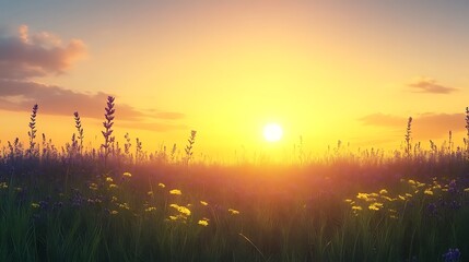 Fototapeta premium Sunset over a field of wildflowers and tall grass