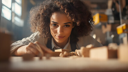 A young woman artisan works on a wooden bar with a hand plane in a close-up shot. The talented craftswoman shapes her project in a woodworking workshop.