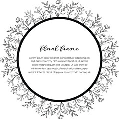 Floral circular frame. Blooming border with template text for wedding cards and invitations