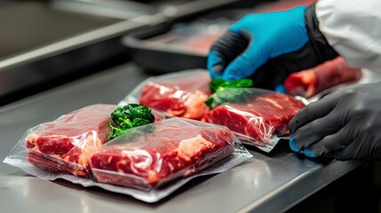 A worker in gloves places packaged meat with green labeling on a counter, highlighting food safety and packaging processes in a meat processing facility.