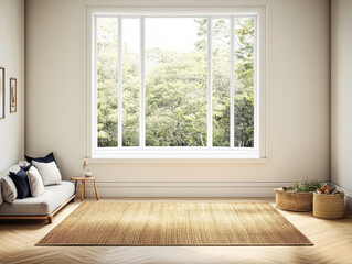 Fototapeta premium Bright and airy living space with large window and natural decor