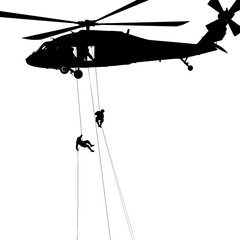 Soldiers rappelling from helicopter vector silhouette