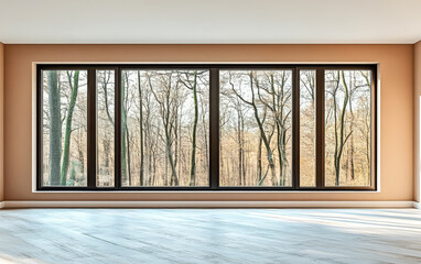Fototapeta premium Spacious room with large windows overlooking a serene forest landscape in early spring