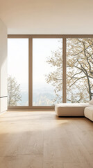 Fototapeta premium Modern living room with large windows showcasing a serene landscape