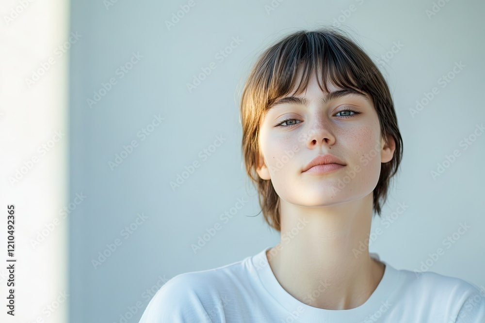 Poster portrait of person in minimalistic style with blurred background ample copy space for text capturing