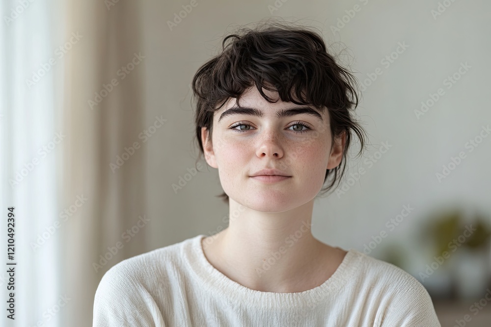 Poster portrait of person in minimalistic style with blurred background ample copy space for text capturing