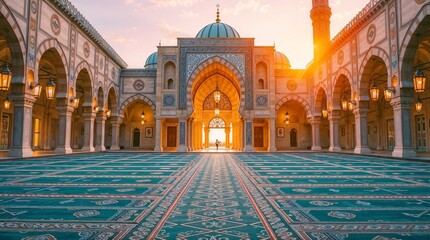 Obraz premium Solitary Figure in Peaceful Sunlit Mosque Courtyard with Teal Prayer Carpet 