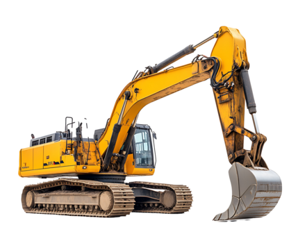 Powerful Excavator: A robust yellow excavator, showcasing its powerful arm and bucket, stands ready for heavy-duty work. The image highlights the machine's strength and industrial capabilities. 