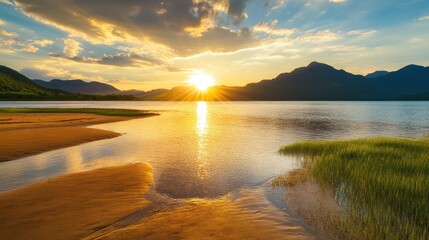Sunset over tranquil lake surrounded by mountains.