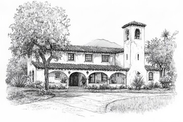 A detailed sketch of a Spanish Colonial house style featuring a tiled roof, arched windows, and a bell tower. The surrounding landscape includes trees and shrubs, with mountains in the background.