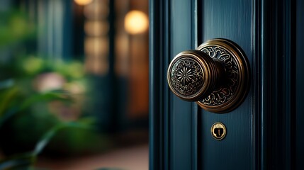 Ornate brass door knob on dark teal door, blurred garden background, home security