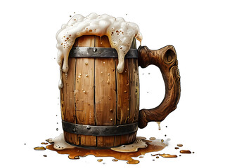 Illustration of a wooden beer mug with a large foam. Medieval fantasy