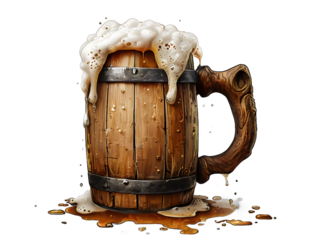 Illustration of a wooden beer mug with a large foam. Medieval fantasy