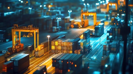 Fototapeta premium A logistics hub at night, brightly lit with trucks being loaded and workers managing shipments, highlighting the 24-hour nature of global logistics