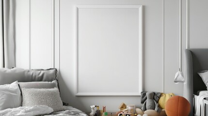 Empty white poster frame mockup. In the background is a child's bedroom with a gray bed and toys, in neutral colors, with an aesthetic appeal.
