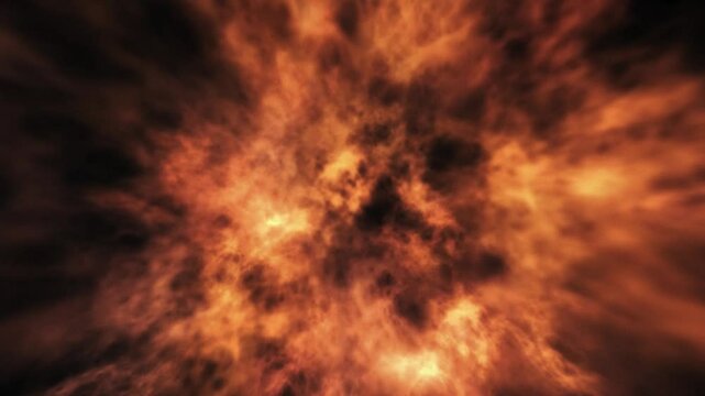 Flying through a powerful exploding firestorm inferno. Close up view of clouds of fire explosions. Full HD and looping flaming background.