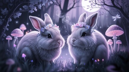 Enchanted Forest Scene With Two Bunnies Under Moonlight