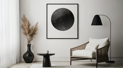 Interior mockup design with black framed poster on the wall, cozy home atmosphere, white walls, modern armchair and coffee table nearby, black boho style lamp, and modern minimalist room decoration.