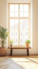 Bright sunlight illuminates a minimalistic interior with plants and wooden bench by the window