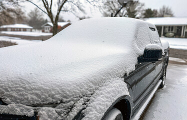 Snow covered pickup truck in winter 