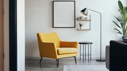 Minimalist interior design with mock poster frames, living room, white walls, and a pastel light yellow armchair.