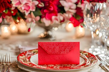 Elegant Red Envelope on Ornate Plate at Festive Table Setting with Flowers
