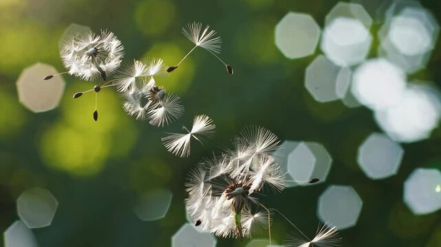 Abstract blurred nature background dandelion seeds parachute. Abstract nature bokeh pattern