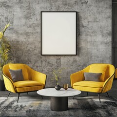 Modern interior design, a blank picture frame on the wall, yellow armchairs and a coffee table nearby, a concrete background