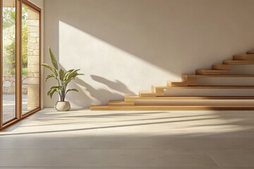 Modern interior with wooden stairs natural light and potted plant in a serene space