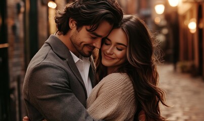 Fototapeta premium Romantic Couple Embracing in a Charming City Alleyway