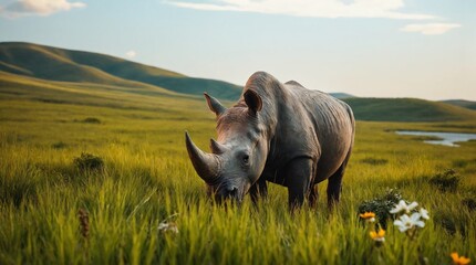 Obraz premium Powerful Rhinoceros Grazing Serenely in Lush Green African Hills under Dynamic Sky 