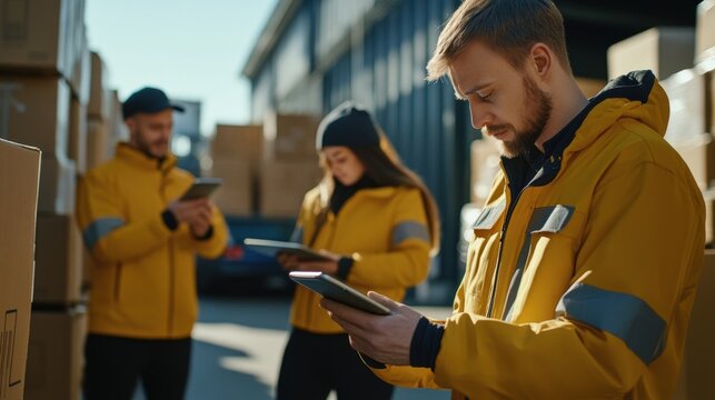 A logistics team monitoring deliveries on tablets and smartphones, with real-time tracking and GPS, showcasing the digital transformation of the logistics industry