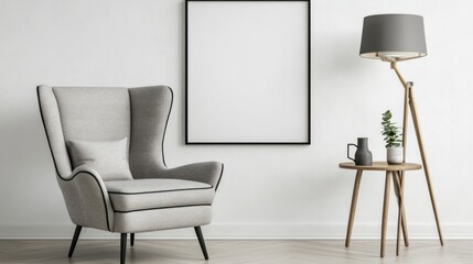 Modern interior design background, plain white poster frame mockup in home decor style with armchair and lamp on white wall, Scandinavian minimalist style, black and beige colors