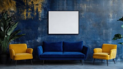 Modern interior design photo with blank canvas for mockup, living room with blue sofa and yellow armchair near wall with blank poster frame.