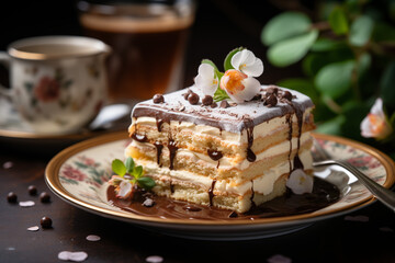 Dekadencki kawałek tiramisu na porcelanowym talerzu, ozdobiony