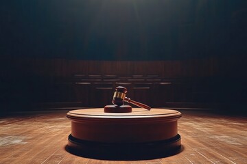 empty auction stage with classic wooden gavel resting on podium ready for next bidding war with copy space