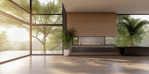 Fototapeta premium Modern living room with large windows and natural greenery in the background during sunset