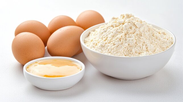 Baking ingredients flour, eggs, and egg yolk on white background; recipe preparation