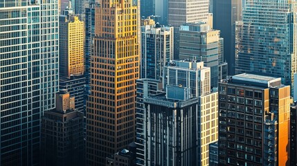 Extremely high-density modern skyscrapers, tall buildings tightly packed in a vibrant urban cityscape, showing towering structures with glass and steel facades, numerous buildings standing closely tog